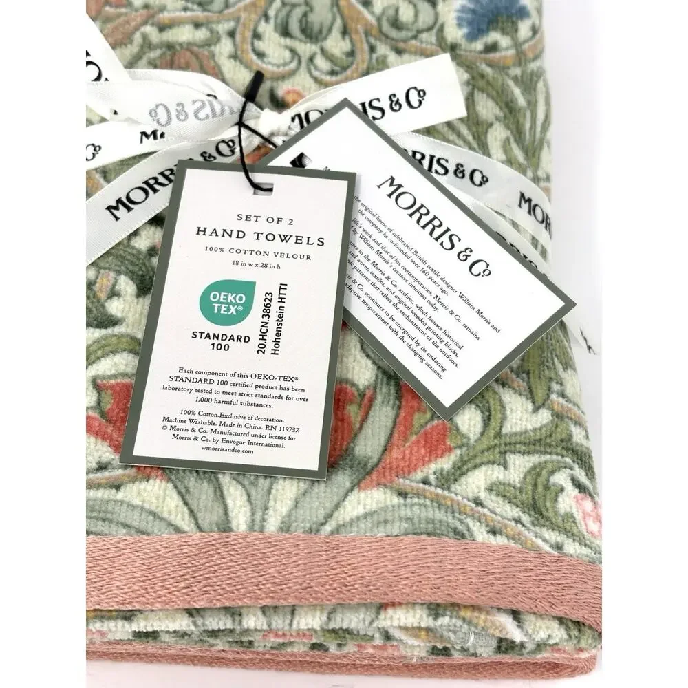 William Morris & Co Hand Towels Woodland Weeds Coral Velour NWT Set Of 2